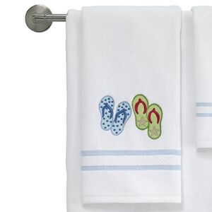 Avanti Flip Flop Embroidery Hand Towel NEW With Tags White Cotton Blue Stripes